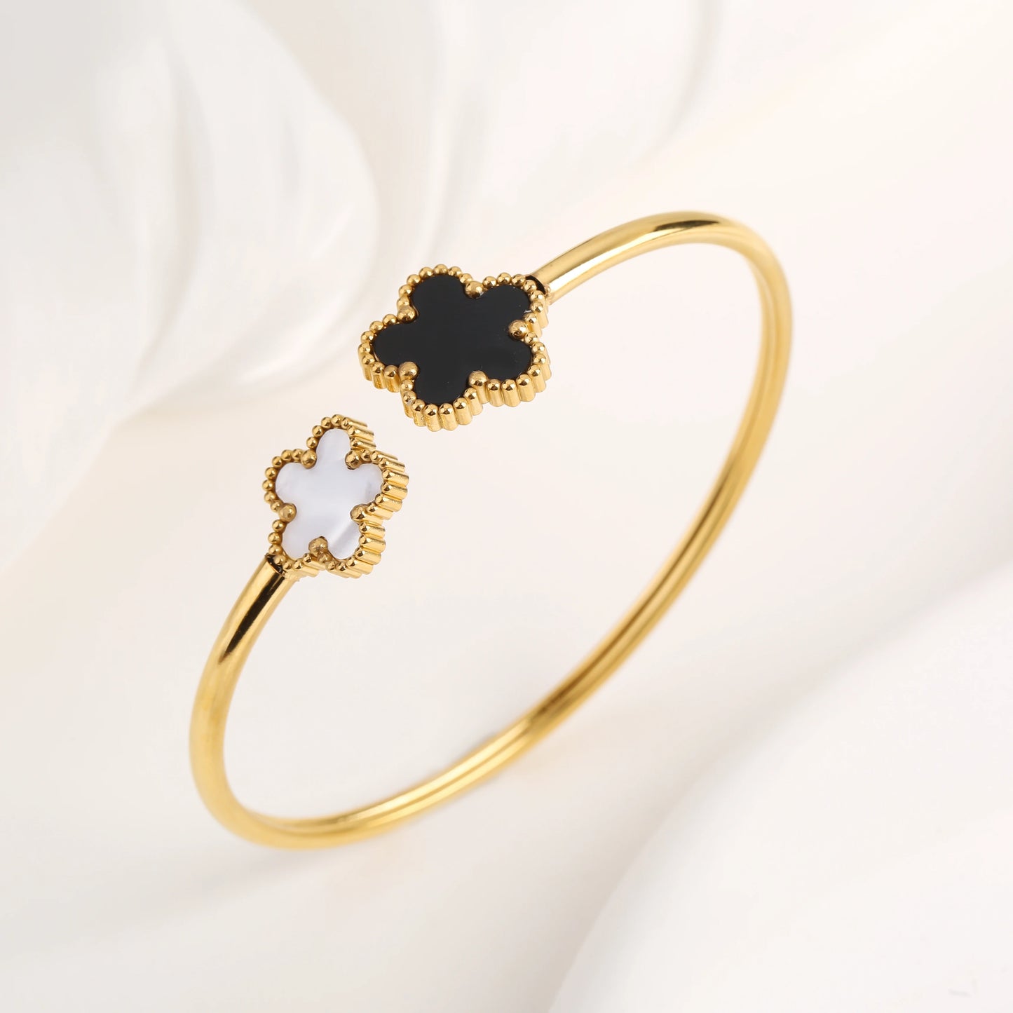 Gold-Plated Stainless Steel Five-Leaf Flower Open Bangle