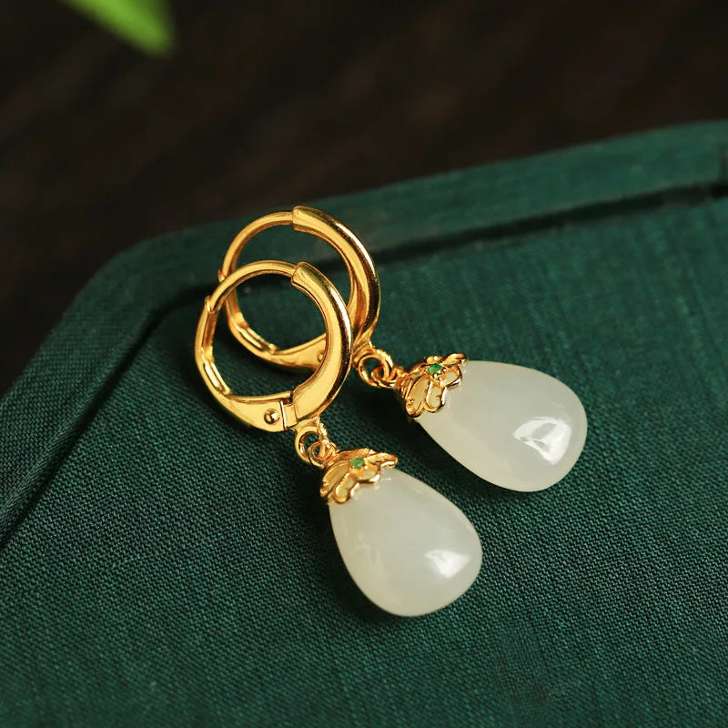Natural Jade and Sterling Silver Water Drop Earrings