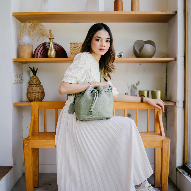 Kamila Drawstring Leather Bucket Bag