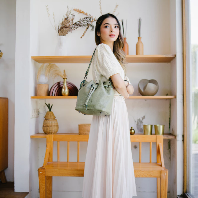 Kamila Drawstring Leather Bucket Bag